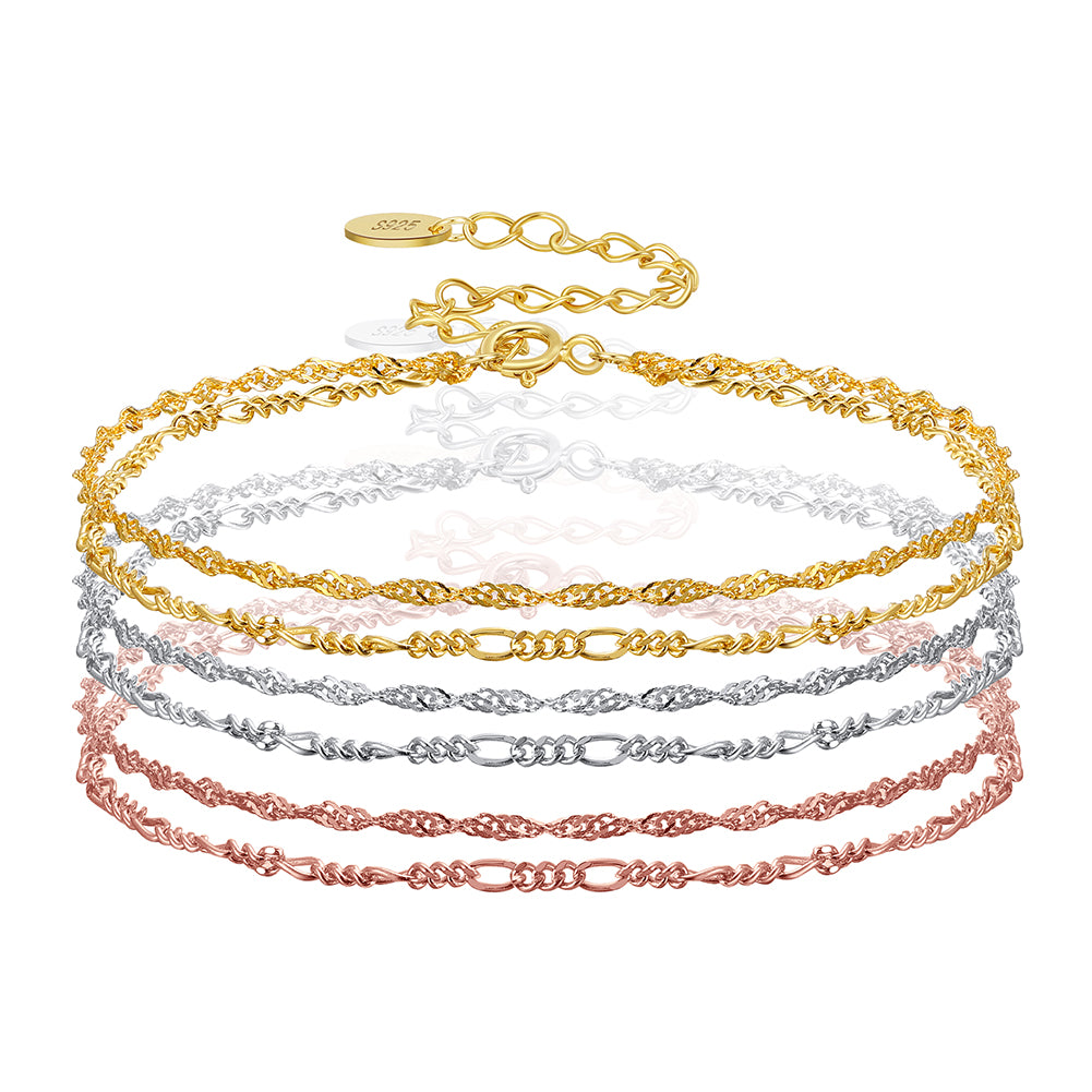 Water and Figaro Bracelet 1mm 14k Gold - La Fratellanza Jewelry